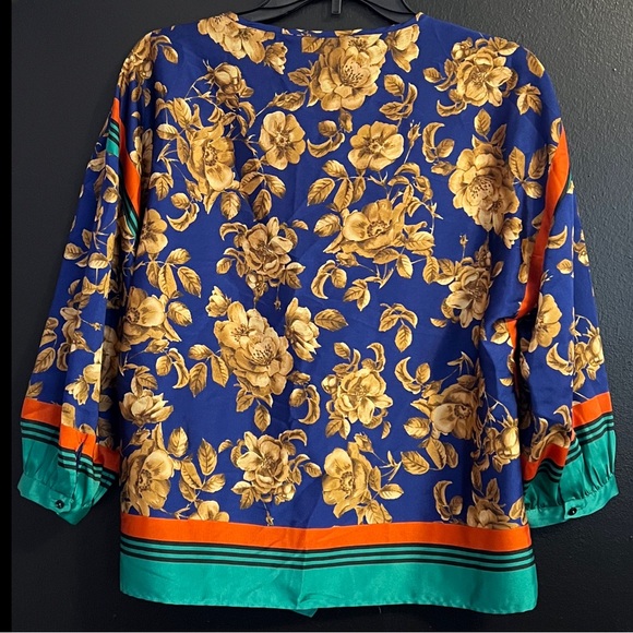 Zara Gold Floral Scarf Blouse in Royal Blue, Gold & Teal - Picture 2 of 4